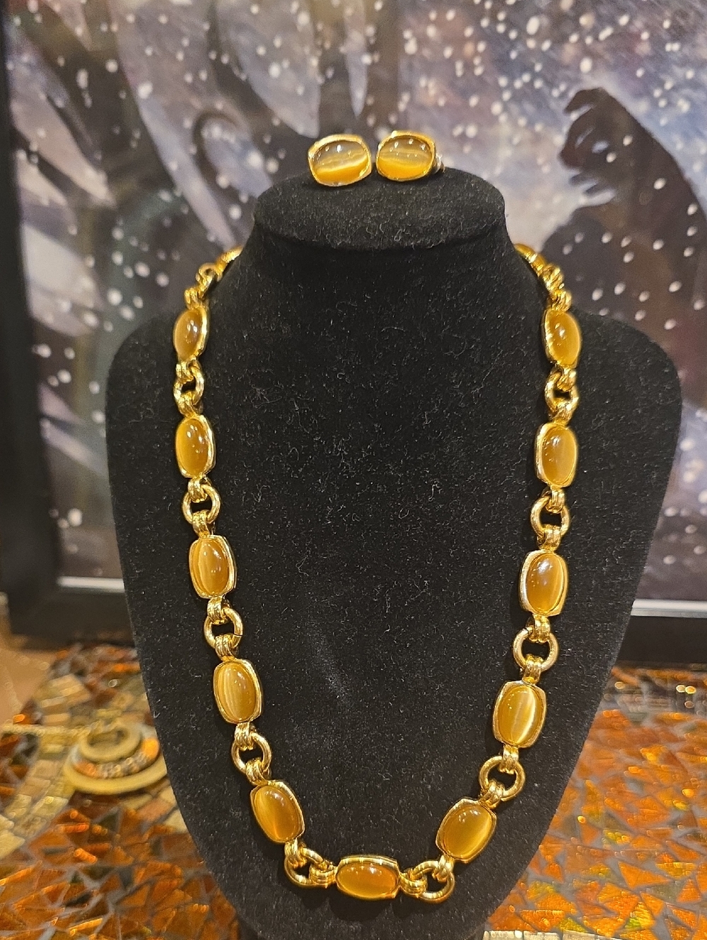 Vintage Gold-Tone Necklace and Earrings with Amber Cabochons
